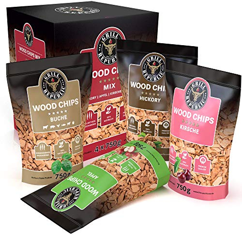 Mix Premium di trucioli affumicati (hickory, mela, faggio e ciliegio) per un aroma ottimale del fumo durante la griglia (4 x 750 g)