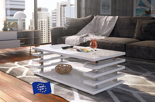 designimpex Carl Svensson Couchtisch DC-3 Weiß Hochglanz 120x60cm mit Ablage modern stabil vielseitig Wohnzimmertisch Beistelltisch Sofatisch Zeitloses platzsparend robust Wohnzimmer ohne Rollen