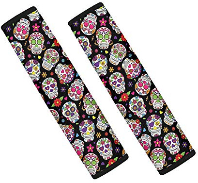 WELLFLYHOM Almohadillas para cinturón de seguridad de coche, diseño de calavera, azúcar, paquete de 2 fundas protectoras para cinturón de seguridad para una conducción segura para mujeres y niños