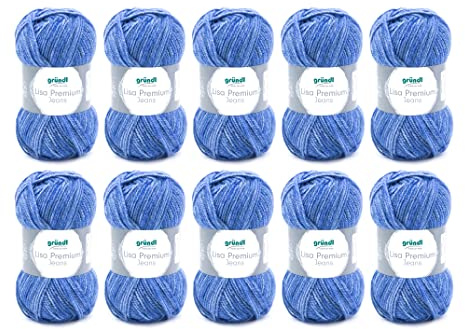 Gründl Laine Lisa Premium jeans – fil à tricoter avec dégradé de couleurs – douce et respectueuse de la peau – 100% acrylique – 10 pelotes 50 g / 133 m – taille d’aiguille 3,5–4,5 - Jean bleu