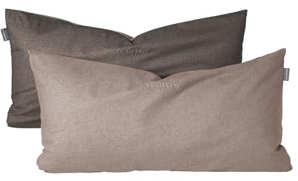 SCHIESSER Kissenhülle 40x80 cm | 100%Baumwolle | Taupe-Dunkelgrau | 2er Set | Renforcé | angenehm weich & glatt | Logostickerei | Reißverschluss | OEKO-TEX® MADE IN GREEN