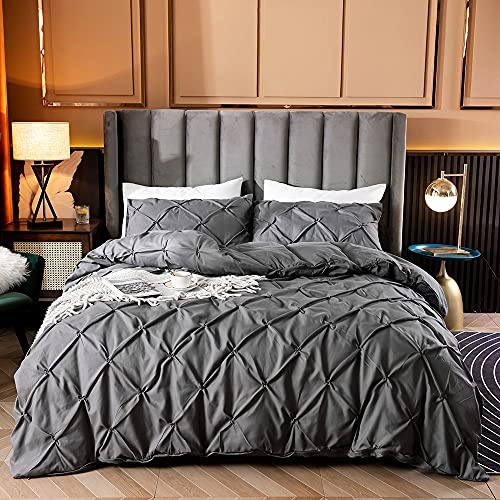Pintuck Duvet Cover Set 【Charcoal】Pinch Pleated Quilt Cover bedding 600TC Ultra Soft Touch Silk Like Satin luxury premium quality Microfiber Wrinkle & Stain Resistant (Double 200 x 200cm)