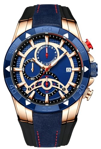 RORIOS - Reloj analógico para Hombre, de Cuarzo, de Silicona, Impermeable, cronógrafo Deportivo, Relojes de Moda, Gran Esfera, Azul Oro Rosa, Correa