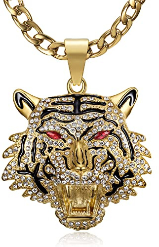 CJiePeiC CZ Fully Roaring Tiger Head With Green Red Eyes Pendant Punk Rock Stainless Steel Necklace, 24 Inch 7mm Chain For Men Hip Hop Animal Jewelry-I'm the King