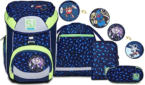 SJ Set 4-teilig Ergonomischer Schulranzen + Gefülltes Mäppchen mit Stiften, Gummi, usw. + Mäppchen mit Organizer + Turnbeutel, 1. Klasse Grundschule, reflektierende Einsätze!