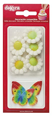 Dekora - Box of 5 White Sugar Flowers and 4 Multicoloured Wafer Butterflies - Edible Cake Toppers - Sugar Cake Decoration for Birthday Cakes