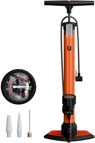 unycos - Bomba de Bicicleta con Manómetro de Alta Presión y Válvulas【Presta | Schrader】 160 PSI/11 Bar | Inflador de Ruedas, Neumáticos, Pelotas, Flotadores, Anillos de Natación, 63x23 cm (Naranja)