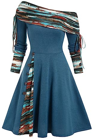 DRESSFO Damen Boho-Strick-Pulloverkleid, langärmelig, schulterfrei, Knopf, Sweatshirt, Colorblock, A-Linie, Winterkleid, Dunkelblau_1, 3X-Groß