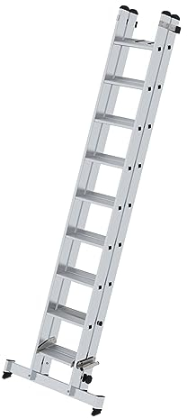 PROREGAL Stufen-Schiebeleiter 2-teilig mit nivello®-Traverse 2x9 Stufen | Leiter, Teleskopleiter, Trittleiter, Bockleiter, Sprossen-Doppelleiter