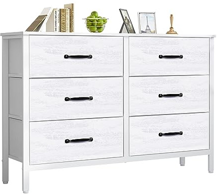 LYNCOHOME Commode avec 6 tiroirs en Tissu, Commode Chambre Blanc, Meuble de Rangement, Meuble Chambre, Armoire à tiroirs pour Cuisine, Bureau, Couloir, Meuble TV avec tiroirs