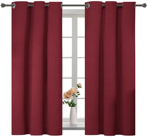 YSTELLAA Tende 100% Oscuranti Per Interni 2 Pezzi, 117×137cm, Effetto Lino, Tende Termiche, Con Anelli, Tenda Termica Isolante Freddo E Caldo, Fonoassorbenti, Moderne, Rosso