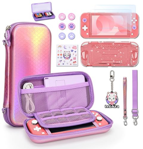 innoAura Switch Lite Tasche, 14 in 1 Switch Lite Zubehör Bundles mit Laser Hübsch Switch Lite Tragetasche, Switch Lite Hülle, Switch Lite Screen Protector (Meerjungfrau Rosa)
