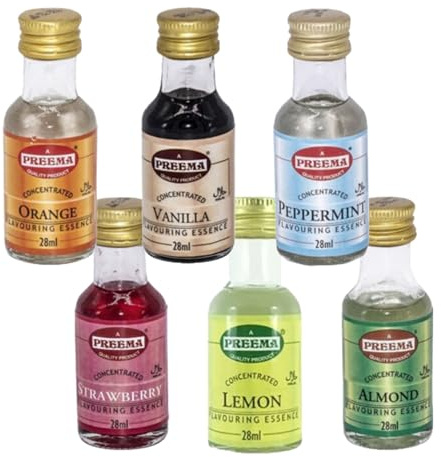 Food Flavouring Essence Bundle Containing 6 Preema Food Flavours/Essences (Peppermint, Almond, Vanilla, Strawberry, Orange, Vanilla)