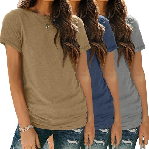 SUNBS Womens 3 Pack T-Shirts Short Sleeve Summer Tops Fashion Basic Tees Comfy Casual Vacation Outfits Workout Clothes 2026 CoffeeNavyGrey L
