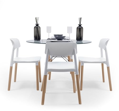 Homely - Conjunto de Comedor TOWER CRISTAL 90 | Diseño Nórdico | Mesa comedor sobre cristal | 90 cm diámetro | 4 sillas | Patas de metal color haya | Comedor, Salón, Cocina, Sala | Color Blanco y Haya