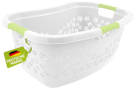 homesti ergonomischer Wäschekorb weiß, 50 Liter Wäschekorb mit Soft-Touch-Griffen in Grün, Korb mit seitlichem Griff für festen Halt