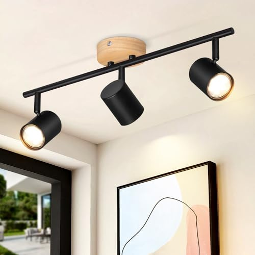 Deboola LED Deckenstrahler 3 Flammig Deckenlampe - Holz Deckenleuchte GU10 | Strahler Schwenkbar Treppenhauslampe Vintage Schwarz Spotleuchte für Wohnzimmer Schlafzimmer Flur Küche Ohne Leuchtmittel