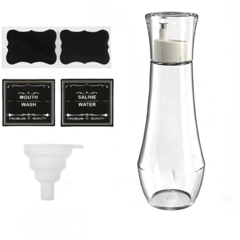 Suaetiai Mundspülspender aus Glas für Badezimmer, nachfüllbarer Glas-Mundspül-Dekanter mit Deckelbecher, klare Mundspülflasche für Arbeitsplatte, 4 Etiketten