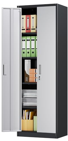 SUPEER Aktenschrank,Metallschrank mit 4 höhenverstellbaren Fachböden,Stahlblech Pulverbeschichtung,Stahlschrank für Werkzeuge,Garage H180cm x W60cm x D40 cm(Schwarz/Grau)