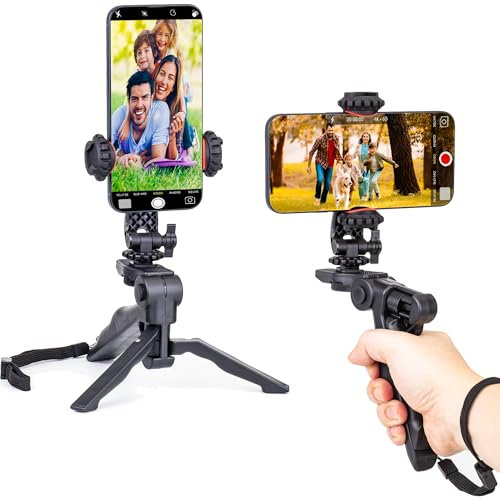 Zeadio - Treppiede per telefono con impugnatura stabilizzatrice, selfie stick portatile per smartphone, supporto da tavolo da scrivania per tutti gli smartphone