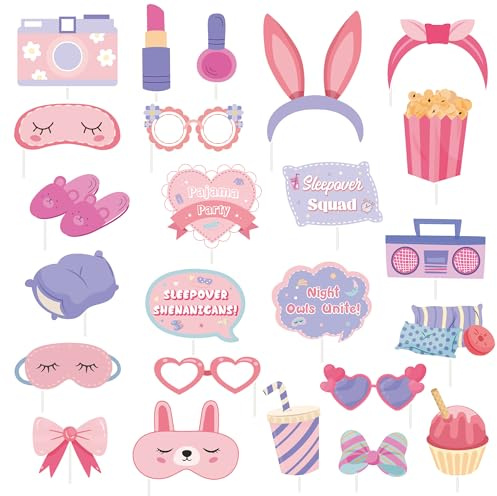 24 pièces Accessoires de photomaton pour soirée pyjama, fournitures de fête pour soirée pyjama pour filles, accessoires pour selfies pour soirée pyjama pour filles, décorations de fête de nuit en