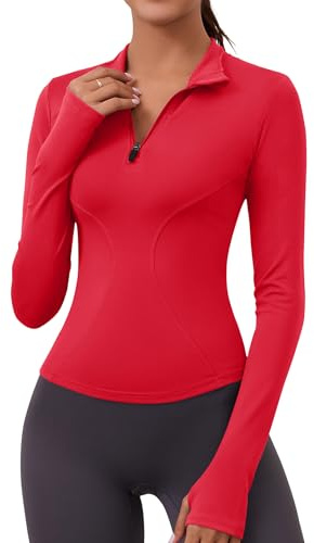 Rapbin Dam gymtoppar långärmad sport t-shirt träning löpning vandringstopp för damer 1/4 dragkedja sweatshirt med tumhål lätt snabbtorkande slim fit t-shirts, Röd, L