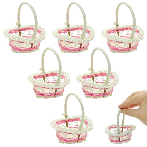 Niuhong 6 Pcs Mini Panier Rotin Fleurs Tressé Avec Poignée Petite Décoration Panier-Cadeau Tissé Panier Poignée Miniature Corbeille Fruits Pique-Nique Paniers Pain Rangement Bricolage (rose)