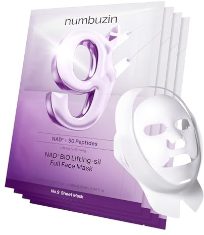 numbuzin No.9 Firming Sheet Mask with NAD+ & Collagen | Anti-Aging Face Mask for Wrinkles & Fine Lines | For Smoother, Firmer-Looking Skin & Defined Contours | 4 Masks + Lifting Band