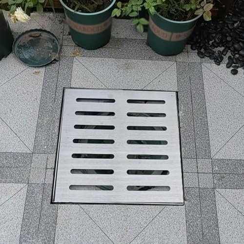 Canaletta Scolo Acqua Piovana Copertura di Scarico a Strisce per Cortile, 10x10 20x20 30x30 40x40 50x50 60x60 cm Griglia di Scarico in Acciaio Inox con Base, Filtro di Scarico Esterno(60cmx60cm(23 5/8