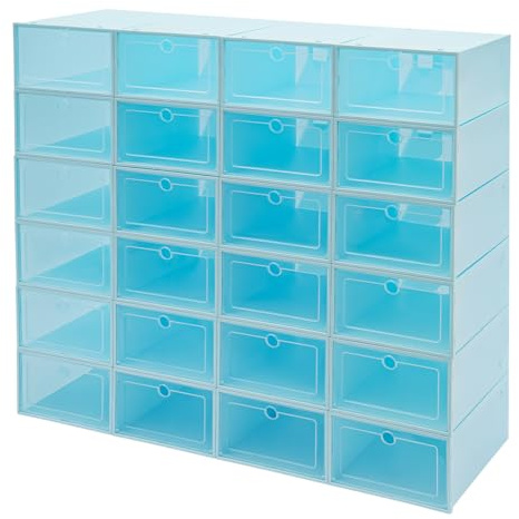 HPDTZ 24er Set Schuhkartons Stapelbar und Faltbar mit Transparentem Deckel für Schuhaufbewahrung für Flache Schuhe und Sportschuhe bis Größe 44 für Wohnung und Schrank (Blau)