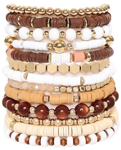Hftjtsa 13pcs Surfer Trendy Heishi Clay Bead Bracelets Boho Beaded Stretch Bracelets for Women Bohemian Stackable Gold Beaded Elastic Layering Friendship Bracelets Set Summer Beach Boho Jewelry Gift