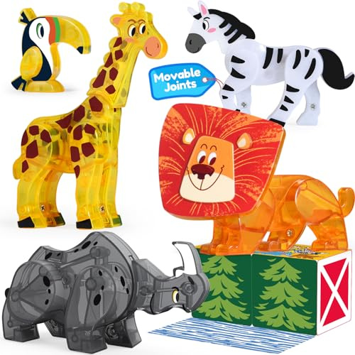 Oriate Magnet Safari Animal Toys for Magnetic Tiles, 5pcs Zoo Animals Compatible with Magnetic Blocks, Movable Joint Lion Giraffe Zebra Magnet Tiles for Kids, Educational Montessori Travel Toys