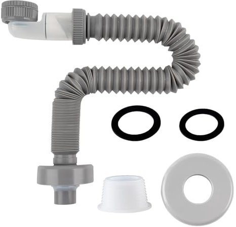 Hibbent Siphon Lavabo,Siphon 1 1/4 Pouce,Siphon Gain de Place Pour la Salle de Bain, Siphon Réglable à 360° Pour Lavabo, Tuyau D'évacuation Avec Siphon Anti-Odeur,Gris