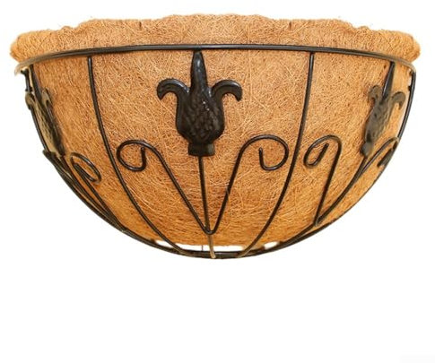 GLFLOW Vaso da fiori semicircolare in ferro da parete con fodera in fibra di cocco per balcone e uso interno, 30,5 x 15 x 15 cm