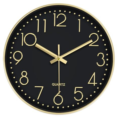 mixed24 Wanduhr Gold Schwarz 30cm rund ohne Tickgeräusche Minimalistisch Modern Leicht zu lesen Uhr Analog