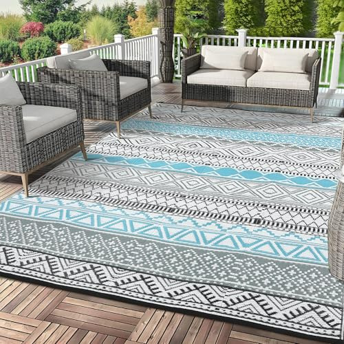 GAOMON Tappeto da esterno impermeabile, 2,4 x 3,4 m, reversibile, in plastica, stile boho, per interni ed esterni, per patio, campeggio, picnic, balcone, terrazza, blu/grigio (Boemia)