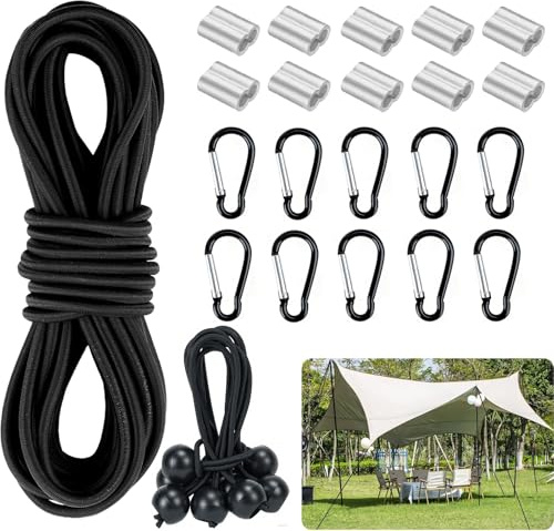 KINDPMA Gummiseil Expanderseil 6mm x 20m für Anhängerplane Schwarz Elastisches Seil inkl. 10 Würgeklemmen, 10 Karabiner, 10 Spanngummi mit Kugel für Camping, Sonnensegel, Zelte