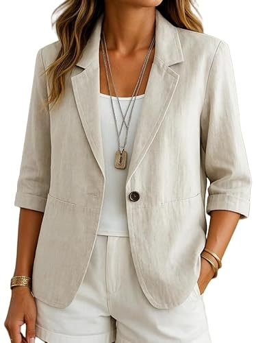 Elegante Blazer Mujer - Blazer De Lino Y Algodón para Mujer Cárdigan Abierto con Mangas 3/4 Informal para Trabajo Y Oficina Elegante Ligero para Verano con Bolsillos Ribeteados Individuales Color