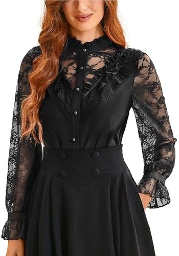 SCARLET DARKNESS Medieval Lace Shirt Women Stand Collar Long Sleeves with Ruffled Victorian Blouse L Black