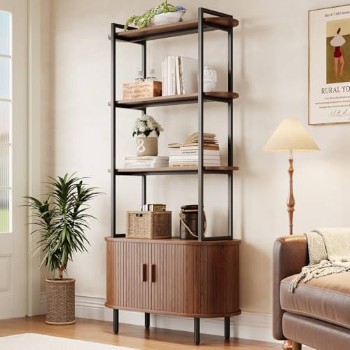 5 Tier Tall Bookshelf with Cabinet, Fluted Bookcase with Sliding Door, Metal and Wood Display Shelf, Free Standing Storage Shelving Unit, Corner Storage Organizer for Living Room, Home Office, Walnut