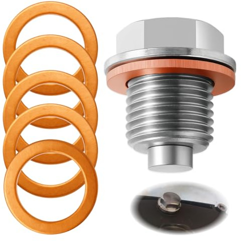 1 pezzo Vite di scarico olio magnetica, dado scarico coppa con guarnizione magnetica, vite di scarico in acciaio inox M14x1.5, con 5 guarnizioni in rame, riutilizzabile per cambio olio motore