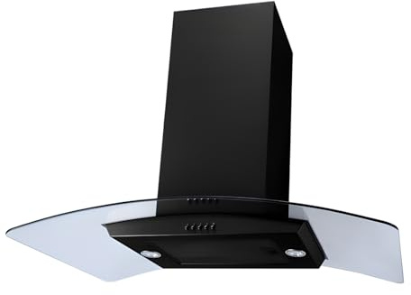 SIA 90cm Black Island Cooker Hood Kitchen Chimney Extractor Fan, Curved Glass, Ceiling Mounted ICH90BL