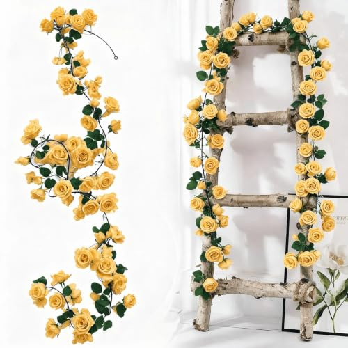 Qivra 2 Pezzi Ghirlanda di Fiori Artificiale Giallo, 1,8 Metri Rose Artificiali Realistiche, 138 Rose Ghirlanda Fiori Bianca per Decorazioni Matrimonio Tavolo Feste Giardino