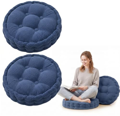 2er Set Stuhlkissen Rund, Dicke Bodenkissen Sitzpolster Outdoor/Indoor, Sitzkissen 40 x 40 cm, Kissen für Gartenstühle Balkonstuhl, Sitzkissen Stuhl Stuhlauflage für Esszimme Wohnzimmer (Blau)