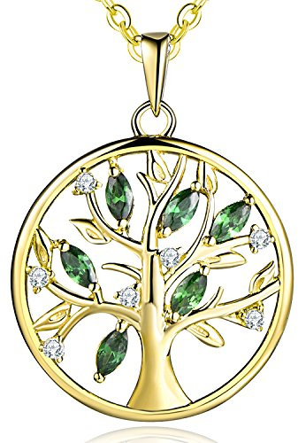 JO WISDOM Collar Colgante Arbol de la vida Familia Plata de ley 925 Cristales 3A Circonita Piedra de Mayo Color Esmeralda Mujer Joyería con baño de oro amarillo