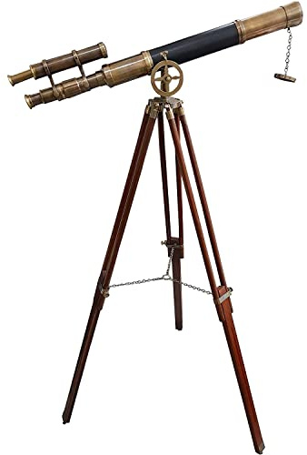 Nautischer Stil, schwarzes Leder-Teleskop Maritim Messing Antik Doppel Barrel Designer Teleskop Holz Boden Stehstativ