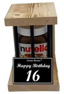 Nutella - Notfall Reserve - Black Edition - Nutella Glas (1 x 450 g) Happy Birthday 16 - Geschenk zum 16. Geburtstag