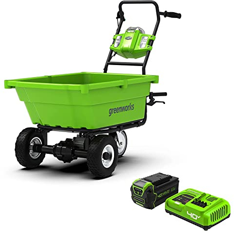 Greenworks Gartenkarre Akku Gartenwagen 40 V 100 kg Höchstlast Selbstfahrende 3 Rad Trolley Schubkarre Geschwindigkeitsregelung für den Außenbereich 4Ah Akku G40GC