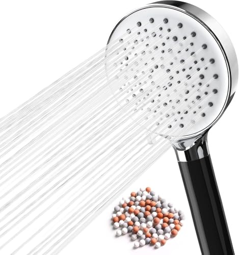 Newentor Duschkopf Wassersparender, Duschbrause mit 6 Strahlarten und 2 Packungen Mineralperlen Hochdruck Handbrause für Entfernen vom Harten Wasser, Rest-Chlor, Bakterien und Schwermetall, Schwarz