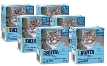 Bozita Tetra Nassfutter mit Makrele in Gelee – 6x370g getreidefreies, zuckerfreies Katzenfutter – ohne Gentechnik, mit 7,5% Protein, 5% Fett – vollwertig & ausgewogen für Feinschmecker
